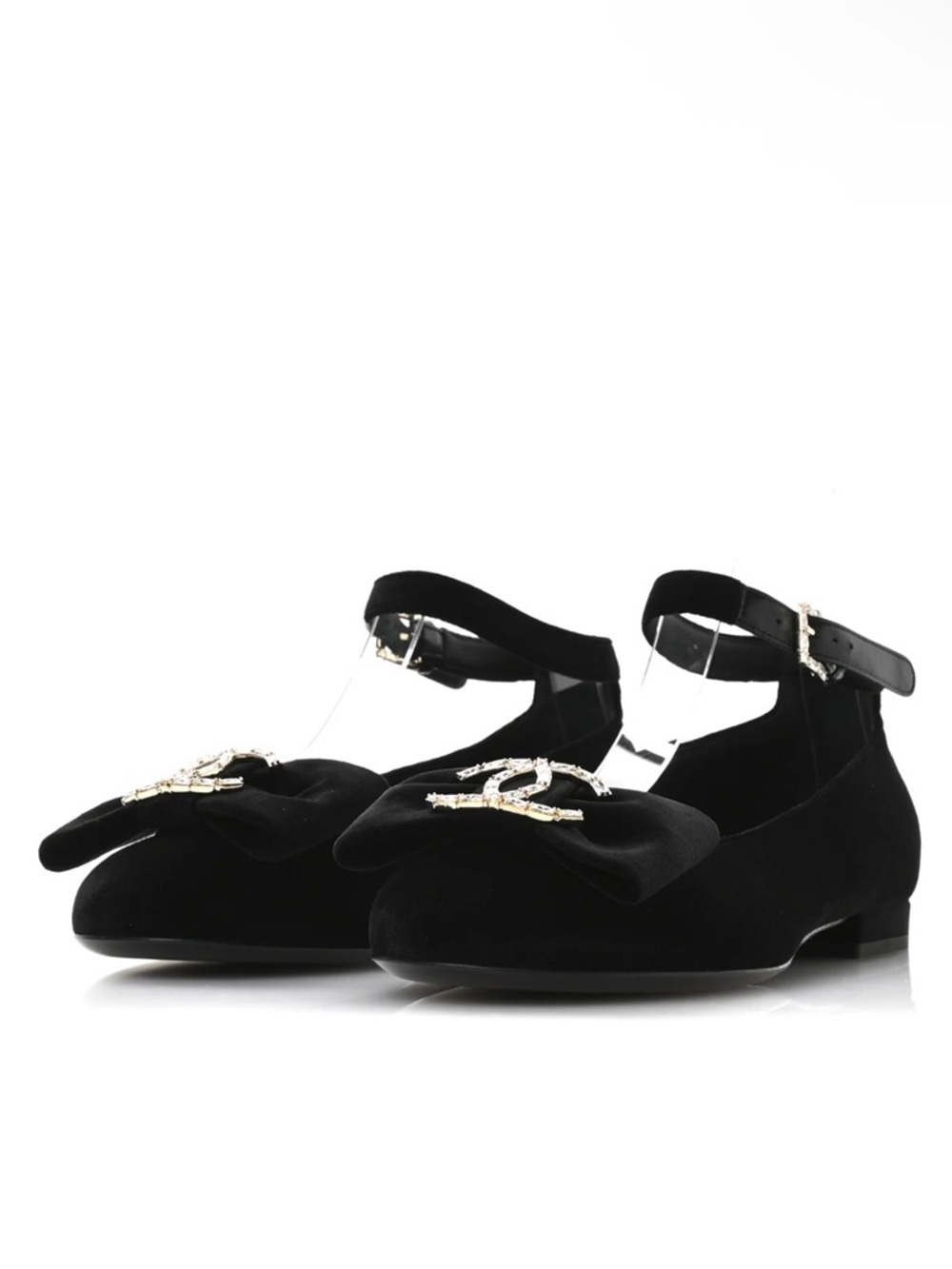 NWOT CHANEL 24K Black Velour Crystal CC-bow Embellished Ankle-Strap Flats 37 - Picture 3 of 16